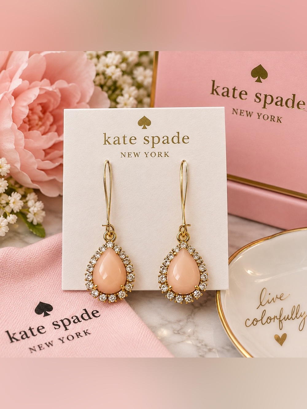 Kate Spade Brilliant Statements Pavé Halo Teardrop Earrings Blush Peach